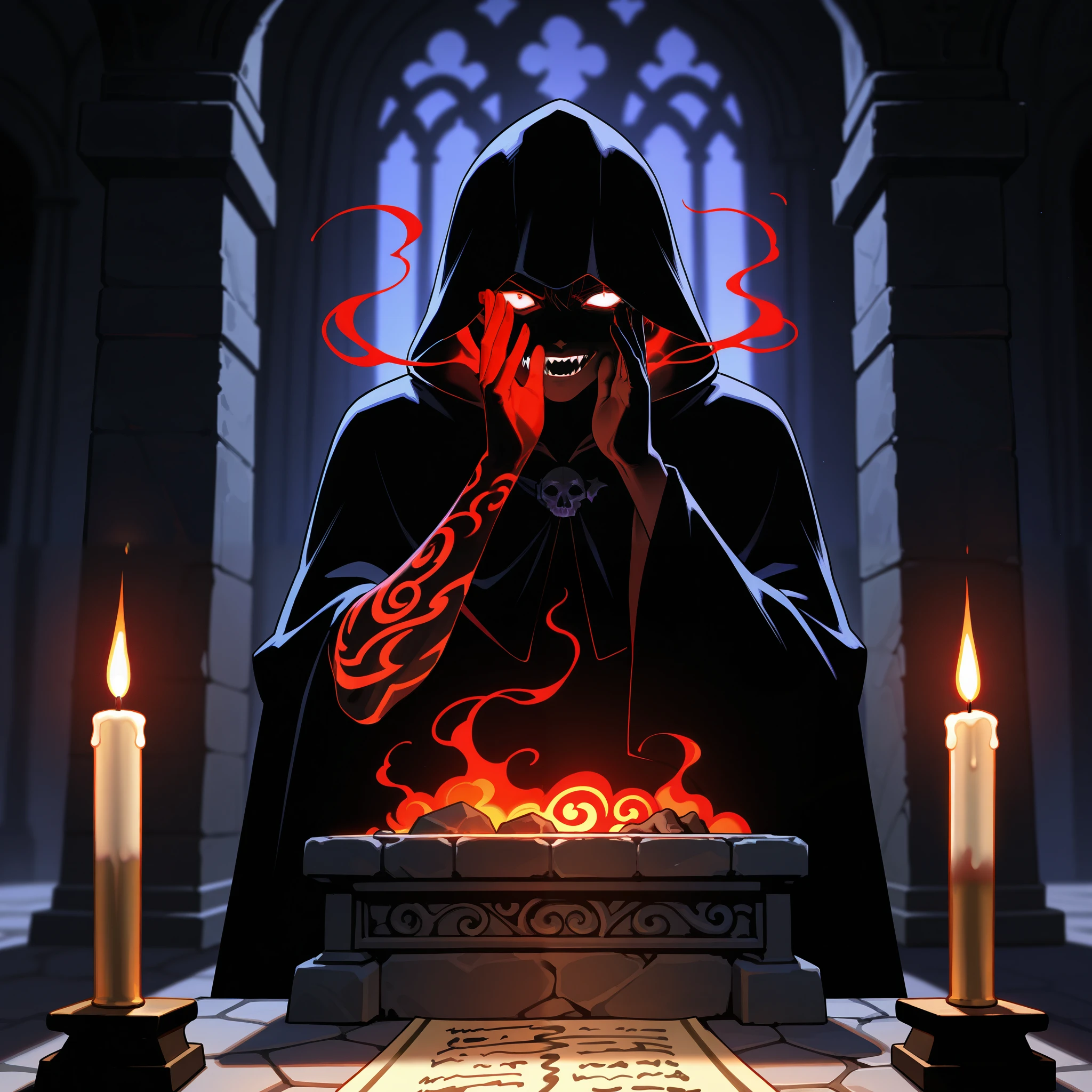 Dark Fantasy style,Chiaroscuro,intense shadows,dramatic lighting,1man,hooded cloak,sharp features,desperate expression,demonic contract,ancient scroll,red glowing sigils,flickering candles,dimly lit chamber,stone altar,ominous atmosphere,whispering shadows,smoke tendrils
