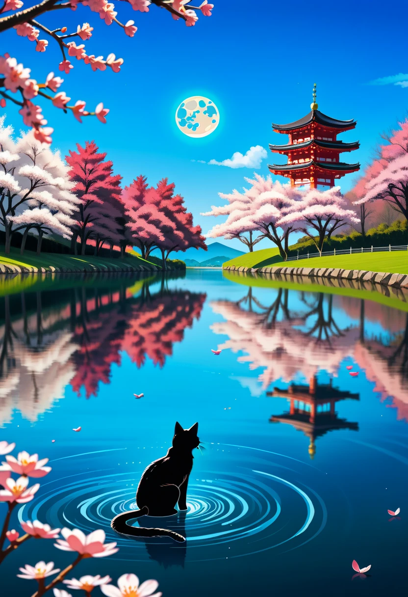 High quality, beautiful and fantastically designed full moon, Mt. Fuji, colorful cherry blossom trees and a beautiful cat silhouette. Gravitational waves, beautifully designed wavelengths, very weak vibrations caused by natural fluctuations, wave nature, vacuum expansion and contraction, by yukisakura, in stunning full color. ((Masterpiece, Top Quality, 8K))