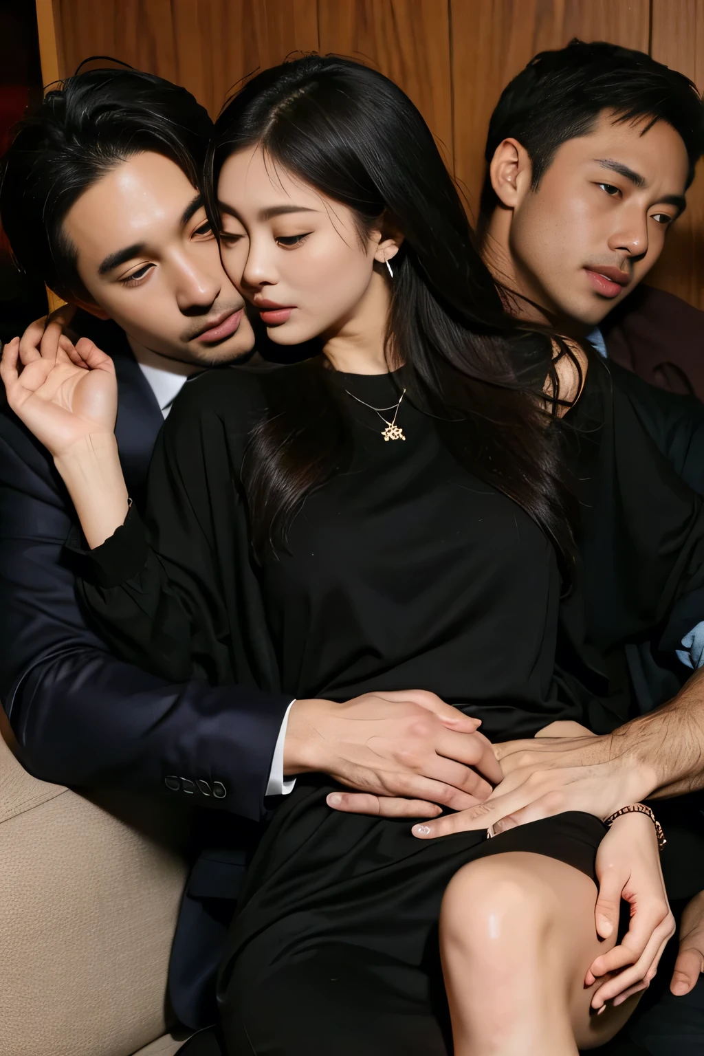 (Man grabbing woman's breasts:1.4)、(A man flips up a woman's skirt:1.4), 8K, Super Detail, Curate, Best Quality, Ticker, Mastepiece, Curate, Anatomically correct, Textured skin, Super Detail, High quality, High detail, Awards, High resolution、NSFW、The background is the inside of a crowded subway car、1 Girl, Generally poor breasts, , grab someone else's hair, Brown hair, medium breasts, Several boys, Grab your chest, White button front shirt with open chest、(black tight mini skirt:1.3)、(All Men),、Brown Eyes, 6+the boys, Solo Focus, wince, Long Hair, Displeased face、group sex,Black hair, Long Eyelashes, Solid circle eyes, Surrealism, Drop Shadow, Anaglyph, Tachi-e, (bright:1.2)、Atmospheric Perspective,