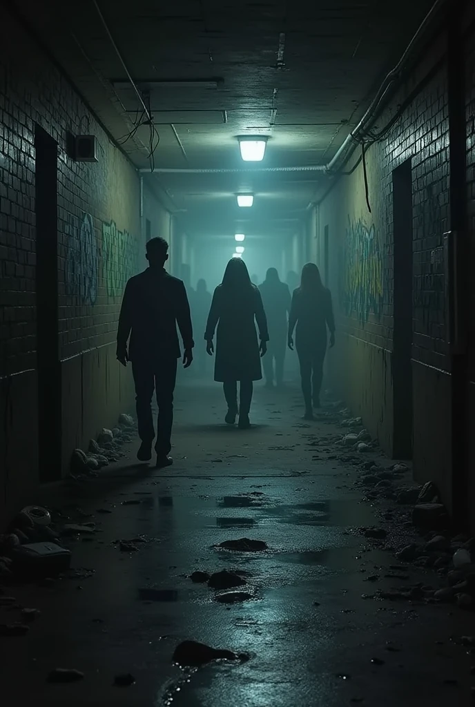 The friends running down a long, dark corridor towards the exit.