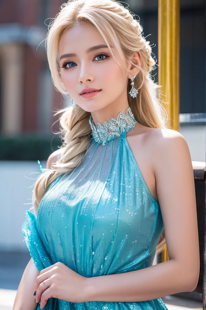 highest quality, Ultra-high resolution, (Realistic:1.4),Off-the-shoulder luxury dress、Japanese、Gal、Blonde、blue eyes、cute、smile、Night view、It's night outside