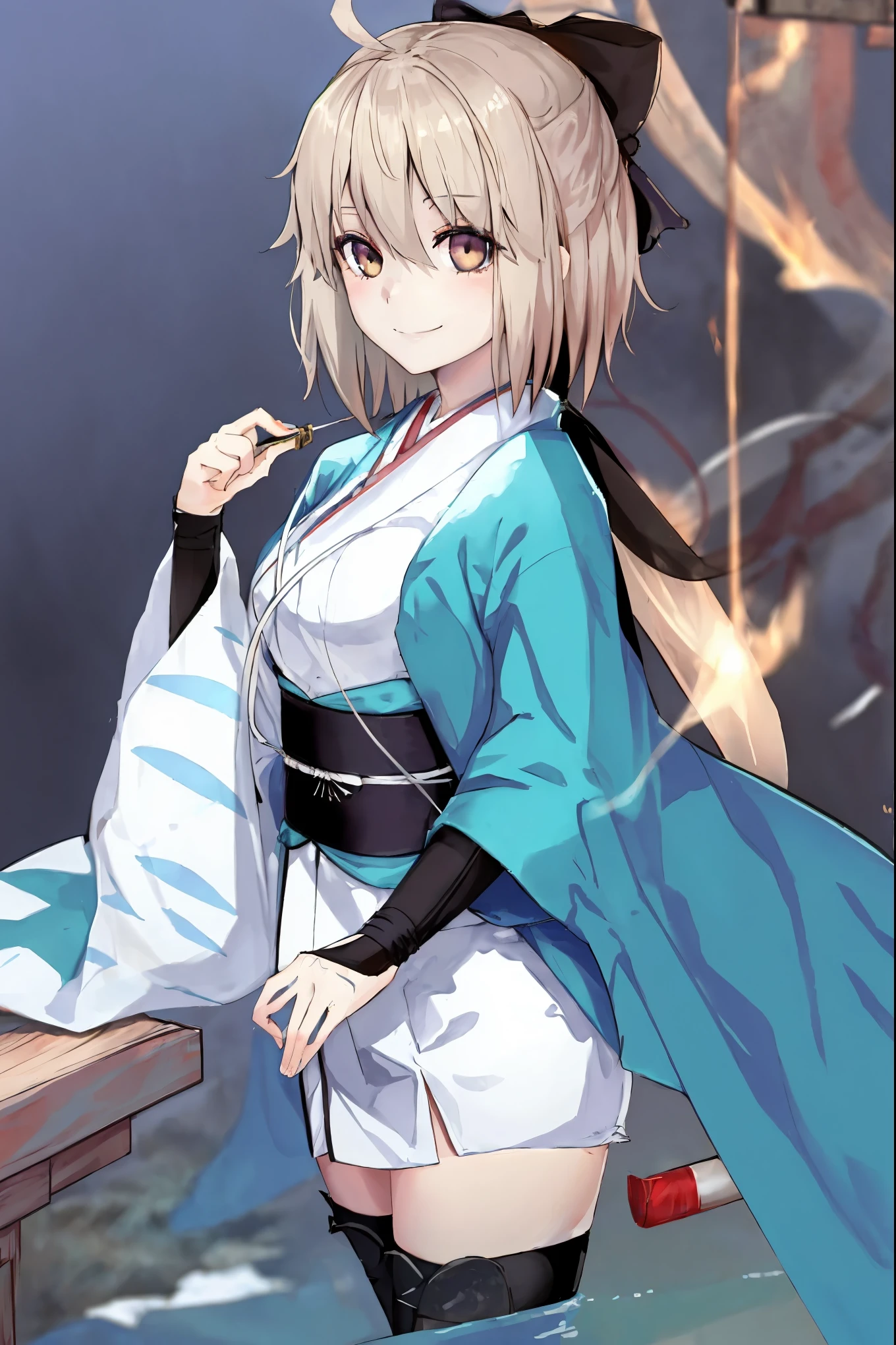 masterpiece, best quality, integrated scenery, integrated background, extremely delicate and beautiful, meticulous details, good composition, , cute face, perfect face, perfect hands, , best quality,extremely detailed CG unity 8k wallpaper,
1girl,okita souji \(fate\), white_nosleeves_short_kimono,
smile,dynamic_posing,happy,gold_half_eyes, thigh-highs,medium_breasts. 1katana,prepare_katana, katana_sheath_without_katana,night_background,old_japanese_town_landscape,black_long_muffler
