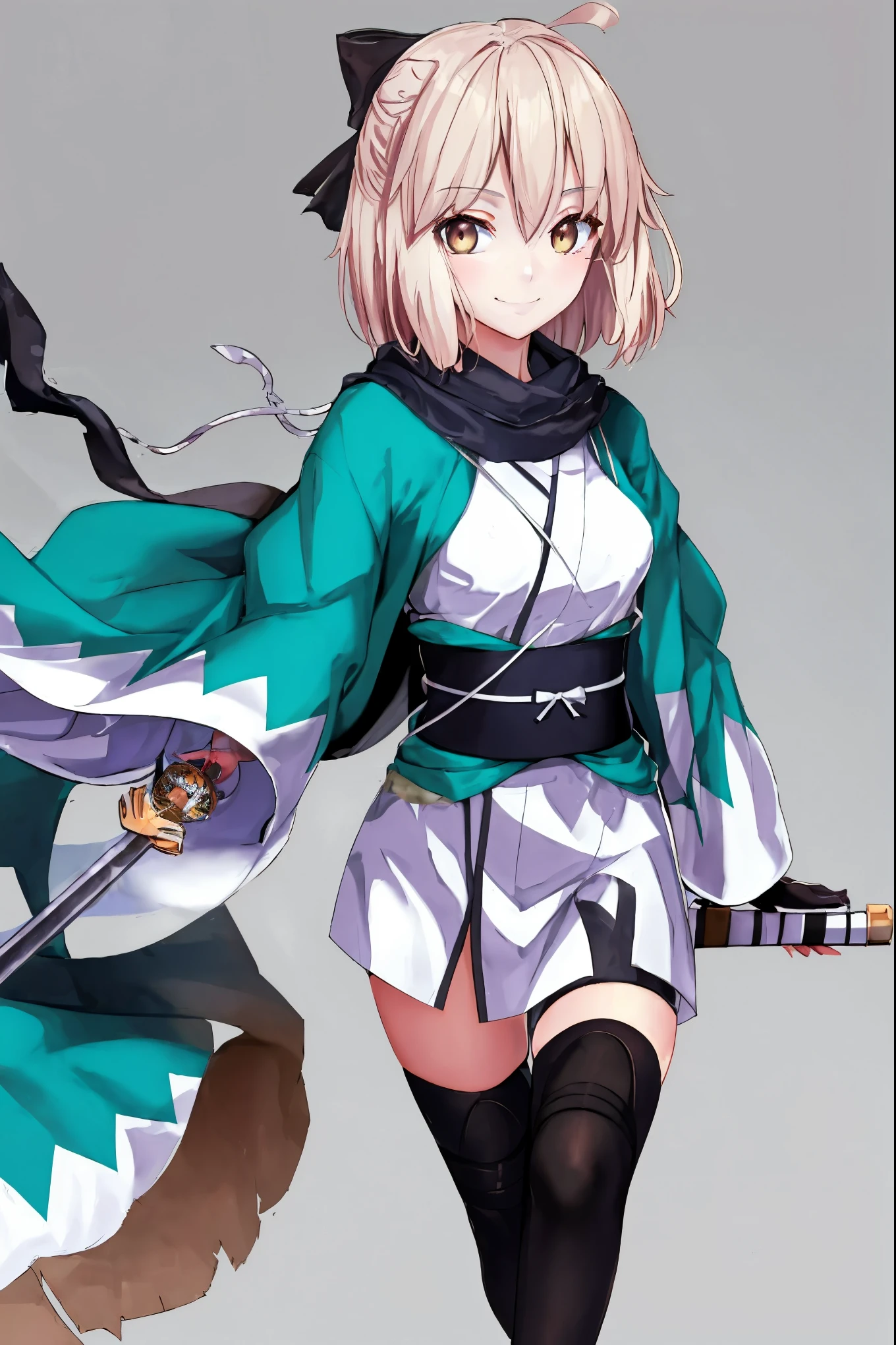 masterpiece, best quality, integrated scenery, integrated background, extremely delicate and beautiful, meticulous details, good composition, , cute face, perfect face, perfect hands, , best quality,extremely detailed CG unity 8k wallpaper,
1girl,okita souji \(fate\), white_nosleeves_short_kimono,
smile,dynamic_posing,happy,gold_half_eyes, thigh-highs,medium_breasts. 1katana,prepare_katana, katana_sheath_without_katana,night_background,old_japanese_town_landscape,black_long_muffler