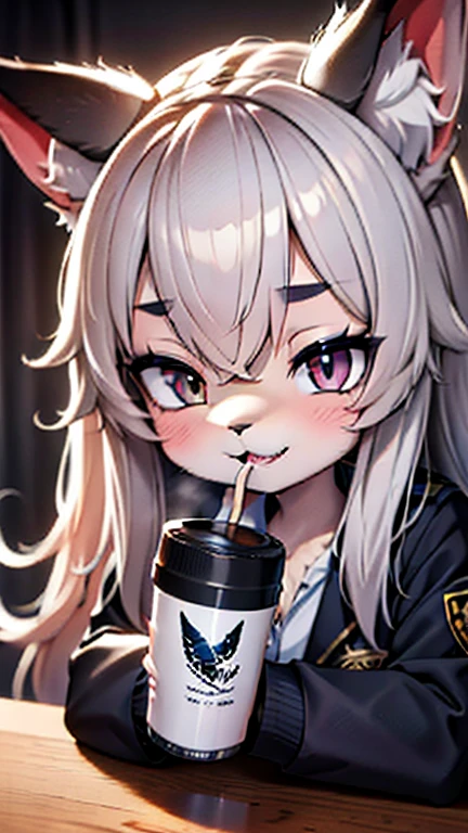 Alone,1 female wolf drinks \( Silver Wolf,Fluffy,cute,Cute,Age 15,smile,  open her mouth ,Sharp teeth, My hair is floating ,Hair Color Silver, long hair,Eye Color Cosmic , big eyes,ＪＫ,ＪＫ uniform,Tapiocaティーを飲む\(Tapioca\)\),background\(outside,Downtown,sunlight\), break ,quality\(8k,極めて精細なCGユニットのwallpaper, ​masterpiece, high definition ,top-quality,top-quality real texture skin, Surprising Minimalism , increase resolution , RAW photo,最高のquality, high definition,wallpaper, cinematic lighting , ray trace,Golden Ratio\), break ,[nsfw:2.0], Dynamic Angle 