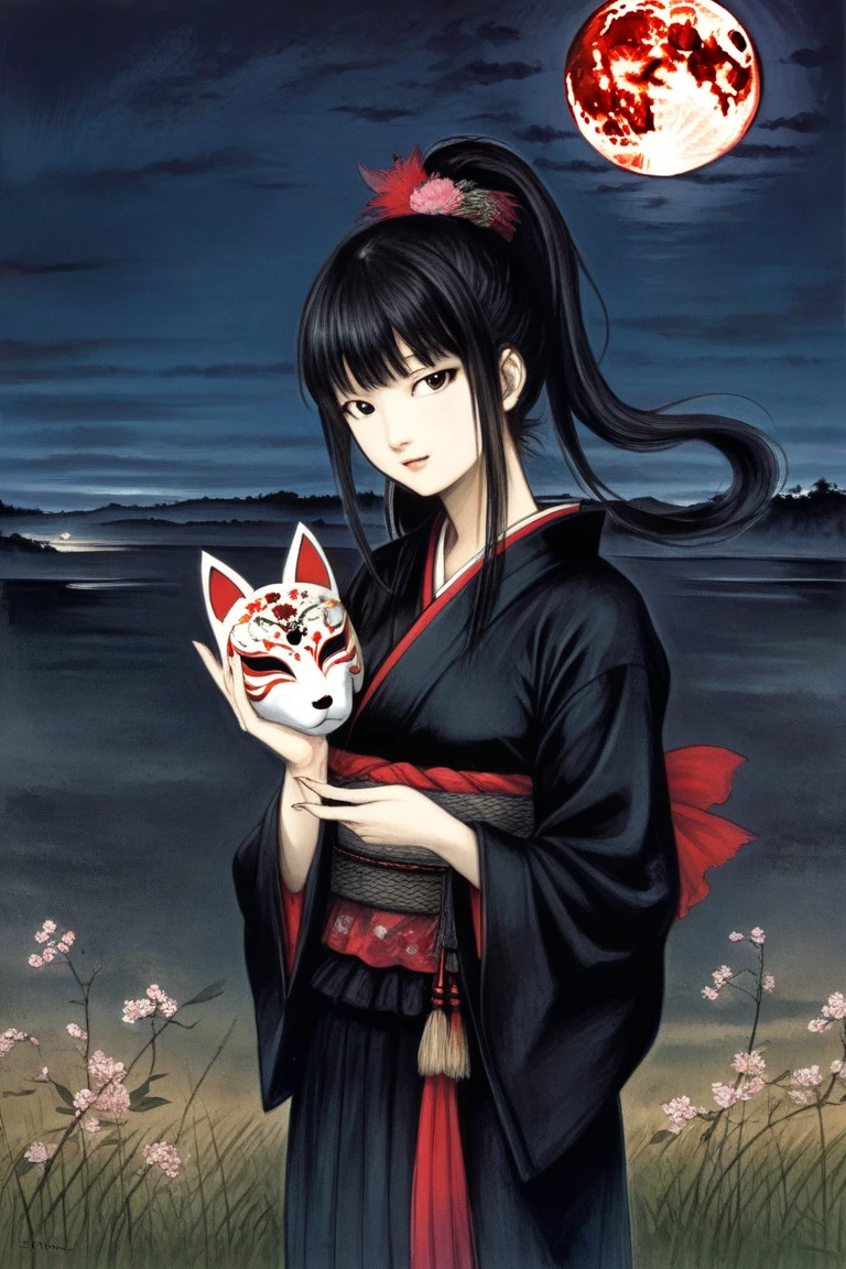 by Yoshitaka Amano, (Broad lighting),  low key lighting , Picturesque, dark(  fantasy art, (Yoshitaka Amano)), (Full-length portrait of a woman,Holding a fox mask in one hand, suzuka nakamoto xl,  black ponytail hair with a fox mask on her hand), Night grassland background, (Red Moon, Black kimono , Red accents), Cherry trees in full bloom, Cherry Blossom Snowstorm