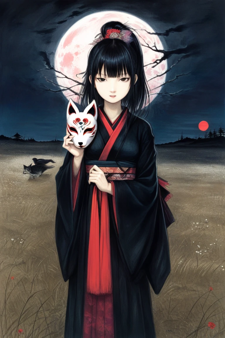 by Yoshitaka Amano, (Broad lighting),  low key lighting , Picturesque, dark(  fantasy art, (Yoshitaka Amano)), (Full-length portrait of a woman,Holding a fox mask in one hand, suzuka nakamoto xl,  black ponytail hair with a fox mask on her hand), Night grassland background, (Red Moon, Black kimono , Red accents), Cherry trees in full bloom, Cherry Blossom Snowstorm