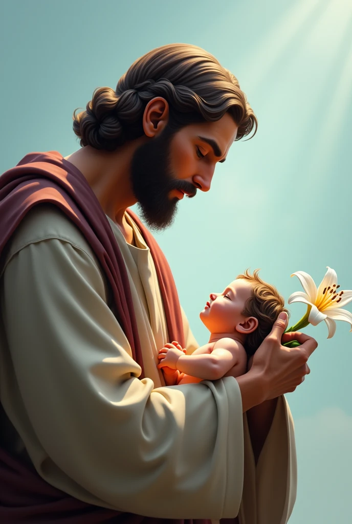 Man holding a baby and holding a flower, Com o Menino Jesus, imagens sagradas, Jesus Cristo, orthodox saint christopher, Jovem Deus Todo-Poderoso, christian saint rosace, jesus of nazareth, Jesus Gigachade, Rei dos Reis, roman catholic icon, catholic religious art, NPC com um santo\halo do, catholic icon, Directed by: John O'Gorman, santo e sagrado. Real. Realista.