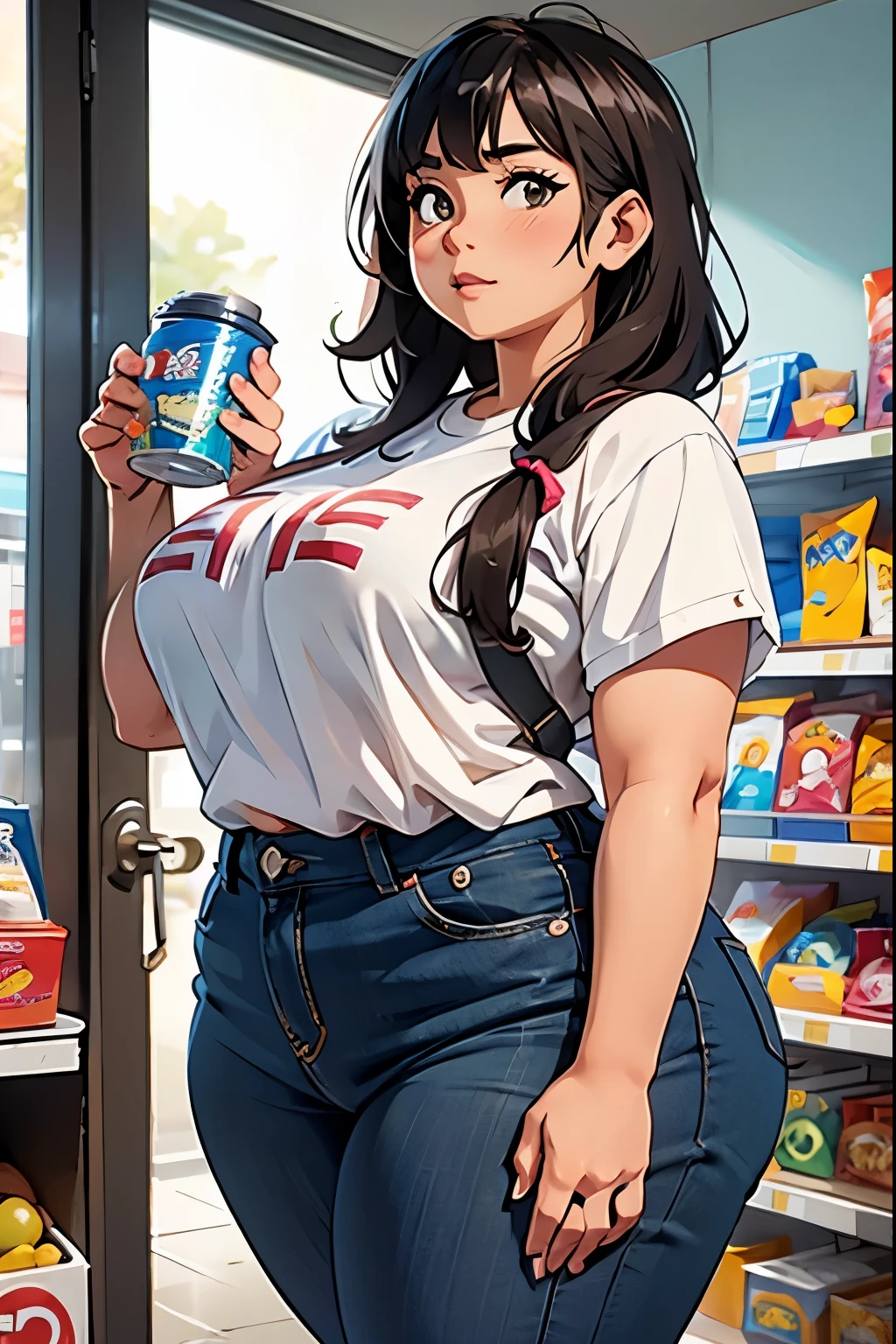 Hucow girl holding a big milk carton, masterpiece, candid photo, shy, short hair, big eyes, (detailed face), curvy, enormous breasts, two symmetrical horns, white (tight shirt), crop top, cute open cow patterned jacket, choker with bell, (in a colorful supermarket), mature female, thick thighs, earrings, high detail, ultra-detailed, retro, big lips