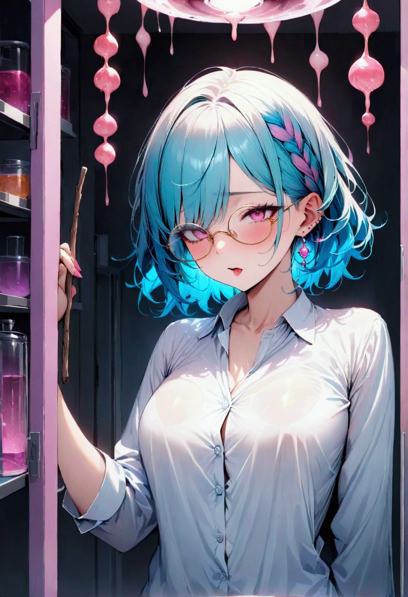  (  Masterpiece :1.2), 最  High Quality  ,   High Quality  ,  there is nothing, ( super detailed),   detailed background ,Turquoise Hair, wolf cut hair, bangs hide one eye ,Round colored glasses ,Slanted Eyes, pink eyes, stick filled with semen,White,Light blue shirt, Scientist, pink science room ,Earrings,The hole in the butt is widening ,I'm licking candy with a 