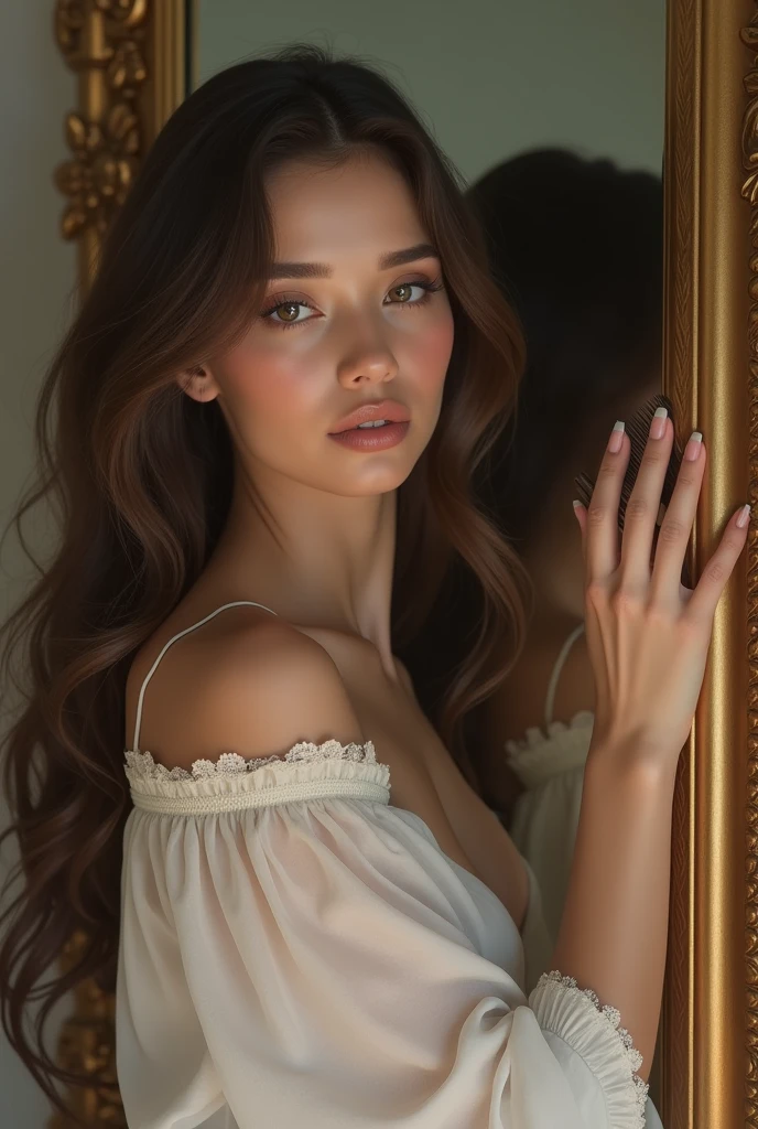 beautiful girl with a confident expression on her face, soft lighting, Artistic style of oil painting, bright colors, high contrast, dynamic composition, captivating gaze, thin smile,Serene and peaceful background, elegant and graceful movements, Impeccable attention to detail, thin strokes, intricate patterns, Delicate lace accents, exquisite jewelry, Sparkling Gemstones, realistic rendering, Fairytale atmosphere, Strong emotion, feminine charm,instagram model,