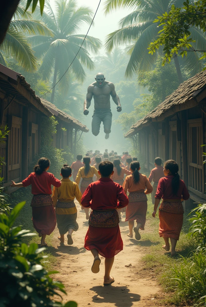 Ravana is riding a motorcycle in a village road. A group of children's is asking something. talking to him. A green colour road signboard is there and wrote KULATHOOR 2KM