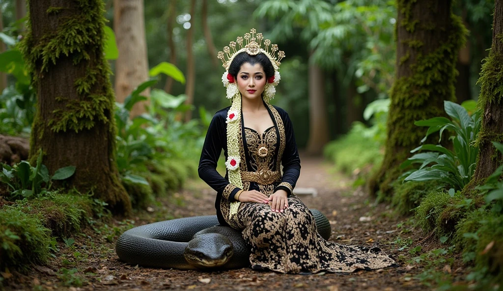 ((ultra-realistic photo)) [An 18-year-old beautiful woman with a fair and sad ekspresion cry flawless complexion, her smooth skin glowing softly under the light. She is wearing an intricate traditional East Javanese wedding dress, adorned with delicate golden ornaments and a refined batik sarong. She sits crouched with a sorrowful and gloomy expression, tears streaming down her face. Surrounding her is a massive, coiled anaconda, its enormous body glistening with scaly patterns. The snake opens its wide mouth, displaying sharp teeth and glowing red eyes, emanating an air of menace. The scene is set in a dense jungle during the day, with vibrant green foliage, moss-covered trees, and soft sunlight filtering through the canopy, creating a dramatic and emotional atmosphere.] Soft natural lighting, vibrant colors enhancing the intricate details of the woman’s attire and the snake’s scales. Shot from a medium telephoto angle at eye level to capture emotional depth and tension. (((8K UHD))), highly detailed, sharp focus, HDR, professional composition, realistic textures for the woman’s attire, the snake’s scales, and the jungle environment.