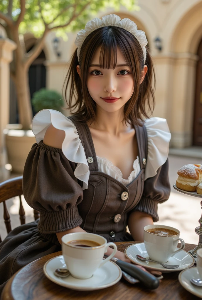 ultra-realistic, photorealistic, dramatic scene, shadow, global-illumination, documentary photo, solo, (age Japanese famous idol girl:1.5), very beautiful fragile Japanese girl, very beautiful with very cute but boyish cool face, closing up to her detailed face, detailed face skin texture, face focus, dynamic angle, (modern maid:1.2), (wearing a cute colored maid outfits with frills:1.2), (very large breasts), slim waist, outdoor long boots, She is enjoying an afternoon tea in the courtyard of an old European castle, antique table and chair, antique tea set and cake stand, sitting, gentle smile, beautiful autumn sunshine