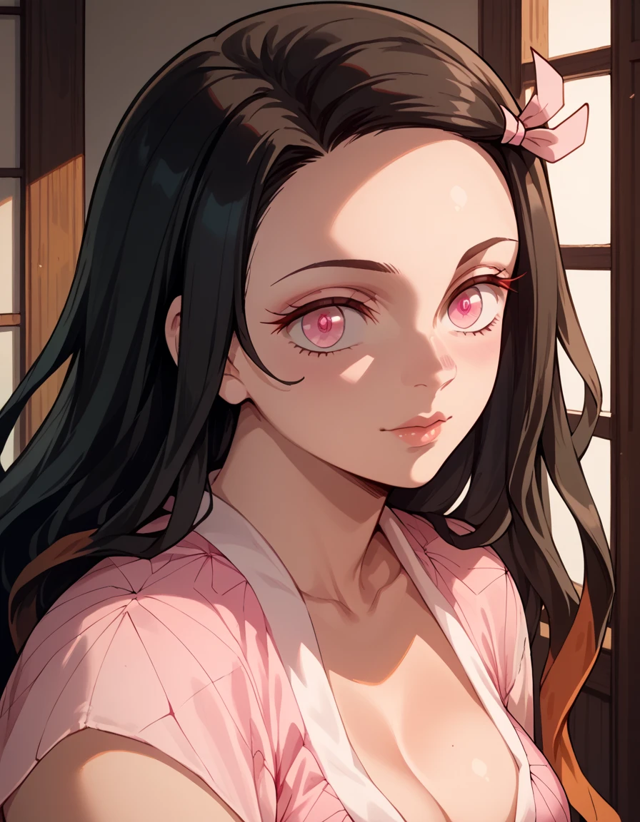 (ultra quality),((artwork)), Nezuko Kamado, (sensual facial expression), (bright eyes),((sensual)), (medium breasts), (ideal female bodies), ((beautiful curves)),(wide hips), (beautiful legs),(pink dress clothes) close up on face, photo shoot, oni.