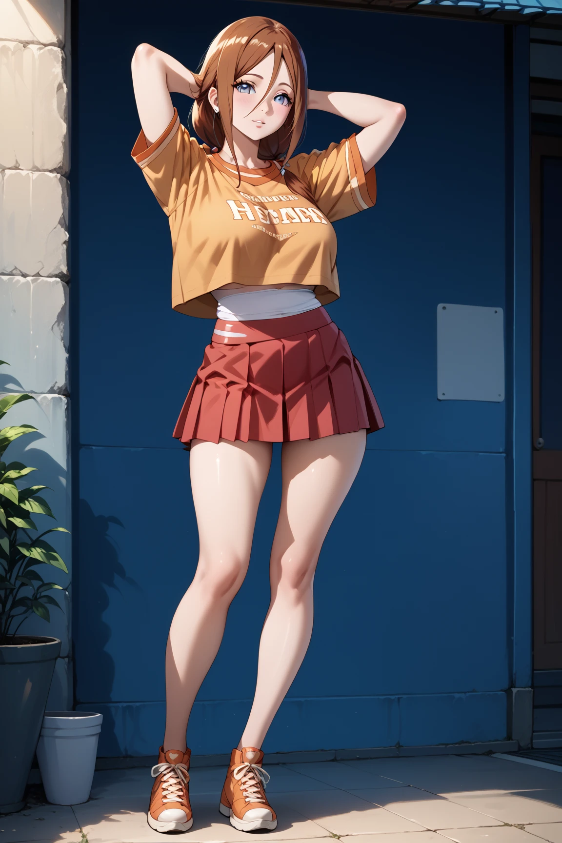 Masterpiece, extremely detailed,4k,solo,1girl,hanabi hyuga,fullbody,large breasts,long legs ,arms behind back head,croptop whote tshirt,mini skirt,looking at viewer ,front look