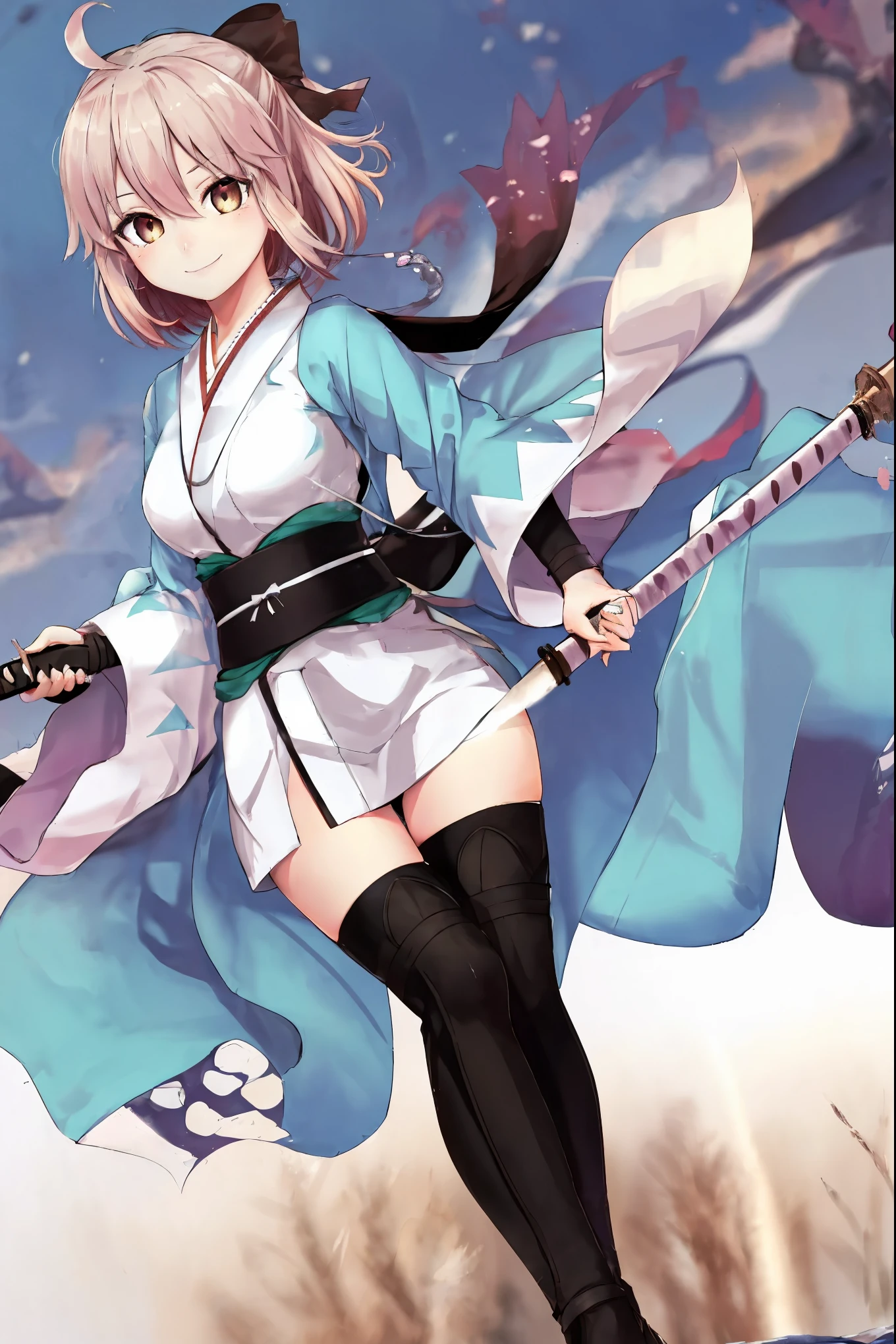 masterpiece, best quality, integrated scenery, integrated background, extremely delicate and beautiful, meticulous details, good composition, , cute face, perfect face, perfect hands, , best quality,extremely detailed CG unity 8k wallpaper,
1girl,okita souji \(fate\), white_nosleeves_short_kimono,
 smile,dynamic_posing,happy,gold_half_eyes, thigh-highs,medium_breasts. 1katana,prepare_katana, katana_sheath_without_katana,night_old_japanese_town_landscape_background,black_long_muffler