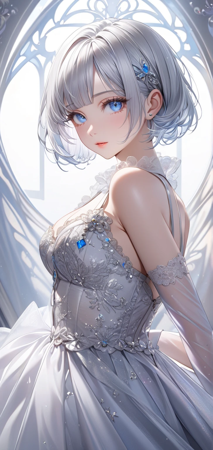 silber hair，butterflys，long whitr hair，white wedding gown，8k wallpaper，detailedbackground，Highest high resolution，deep v big breasts，Hair covers one eye，Bandeau wedding dress，chies，White rose，tight-fitting，