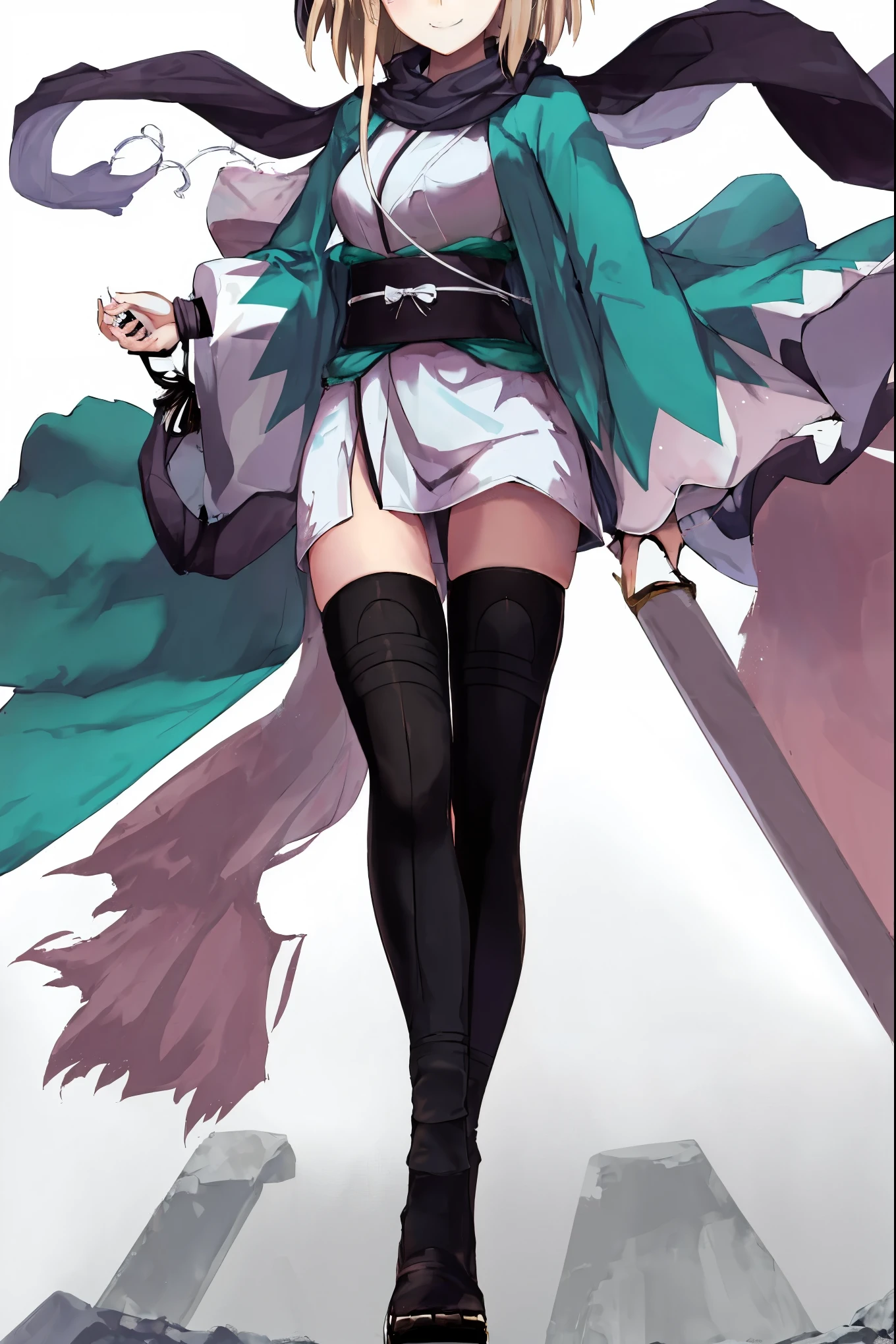 masterpiece, best quality, integrated scenery, integrated background, extremely delicate and beautiful, meticulous details, good composition, , cute face, perfect face, perfect hands, , best quality,extremely detailed CG unity 8k wallpaper,
1girl,okita souji \(fate\), white_nosleeves_short_kimono,
smile,dynamic_posing,happy,gold_half_eyes, thigh-highs,medium_breasts. 1katana,prepare_katana, katana_sheath_without_katana,night_old_japanese_town_landscape_background,black_long_muffler