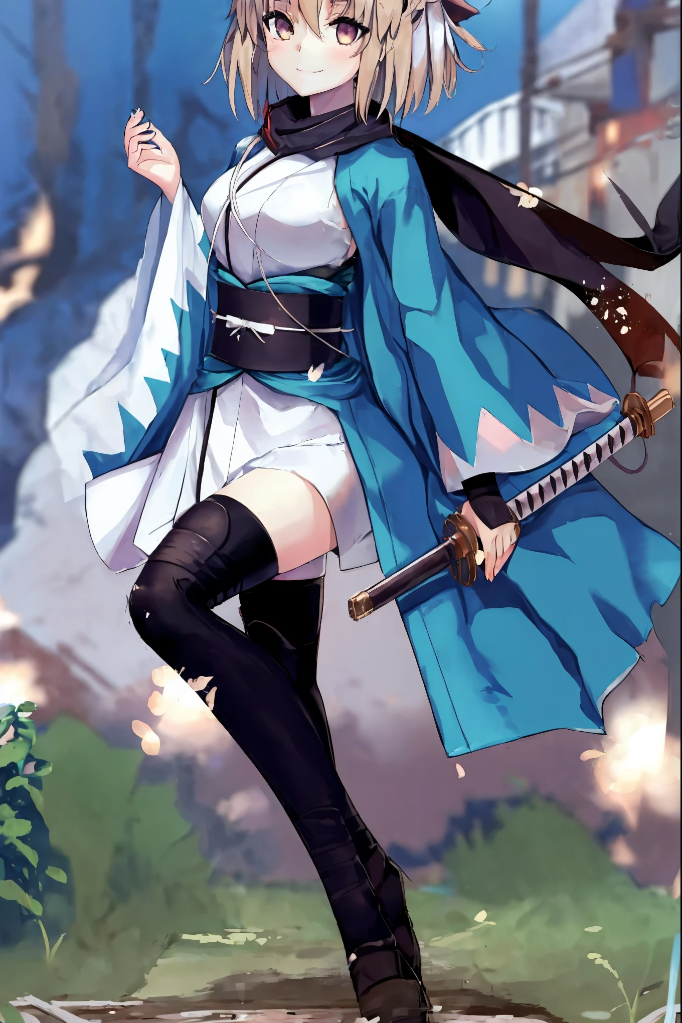masterpiece, best quality, integrated scenery, integrated background, extremely delicate and beautiful, meticulous details, good composition, , cute face, perfect face, perfect hands, , best quality,extremely detailed CG unity 8k wallpaper,
1girl,okita souji \(fate\), white_nosleeves_short_kimono,
smile,dynamic_posing,happy,gold_half_eyes, thigh-highs,medium_breasts. 1katana,prepare_katana, katana_sheath_without_katana,night_old_japanese_town_landscape_background,black_long_muffler