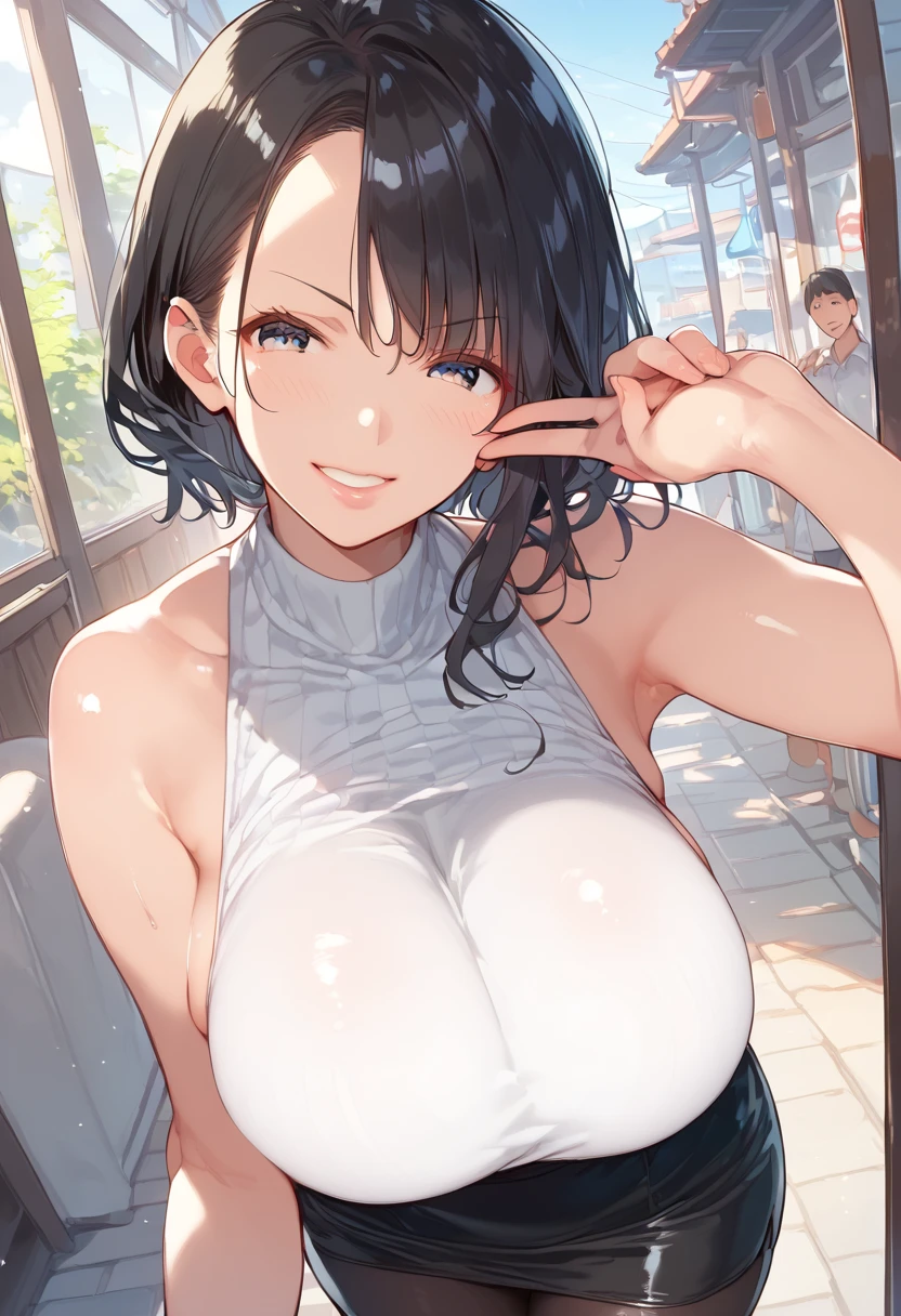 A girl，Wear a white transparent one-piece swimsuit，Large Breasts，Bend down，Showing cleavage，Ultra HD,Nipple protrusion，Take off your swimsuit