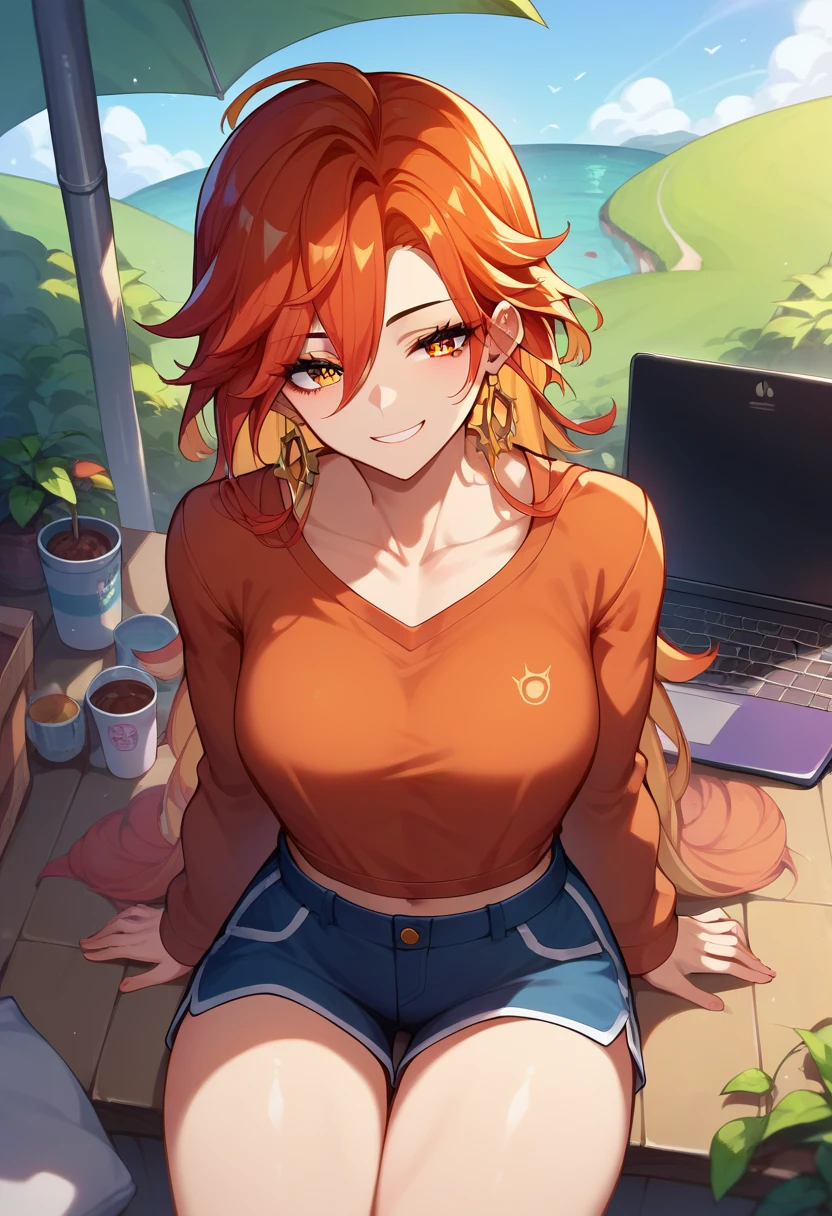 sCore_9,sCore_8_above,Core_7_above,   mavuika-gi   ,  a girl, d cup breasts, alone, long hair, neckline,   pechos grandes , sky,   looking at the spectator , blows, smile, outdoors, Body, day, soft thighs, adult, wearing a sweatshirt and shorts, working on a laptop, living room, home