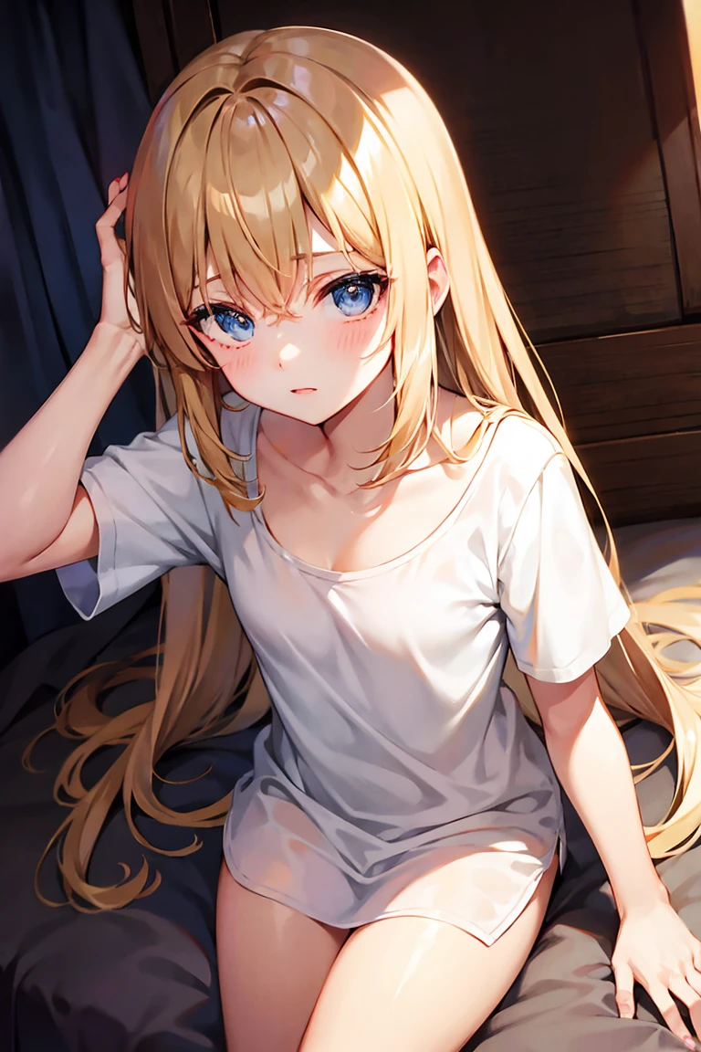 ((masterpiece)), ((Best Quality)), (Ultra-detailed), Anime style, 8k , Cute , 1girl in, Solo, light hair, sitting on the bed, bare shoulder