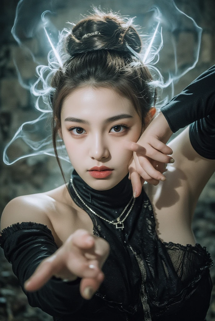 Beautiful woman, 
Half body. Smoke turns into ghosts, 
Capturing the essence of abstraction and mystery. With minimalist neon sketches [color purple] and smooth contours.
