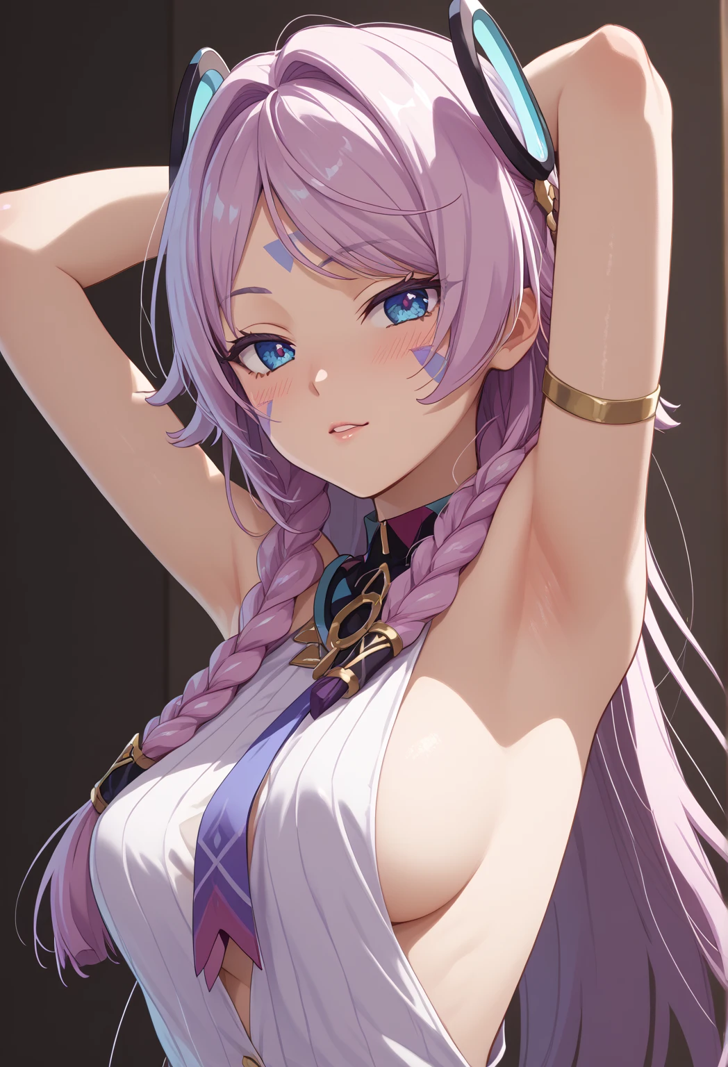 citlali, long hair,facial mark,blue eyes,twin braids, medium breasts,  anime screencap, pale skinned,    dynamic angle, takeda hiromitsu style,   arms up, pose, armpits, beatiful armpits, sideboobs, clear skin, beautiful body, sexy, seductive

