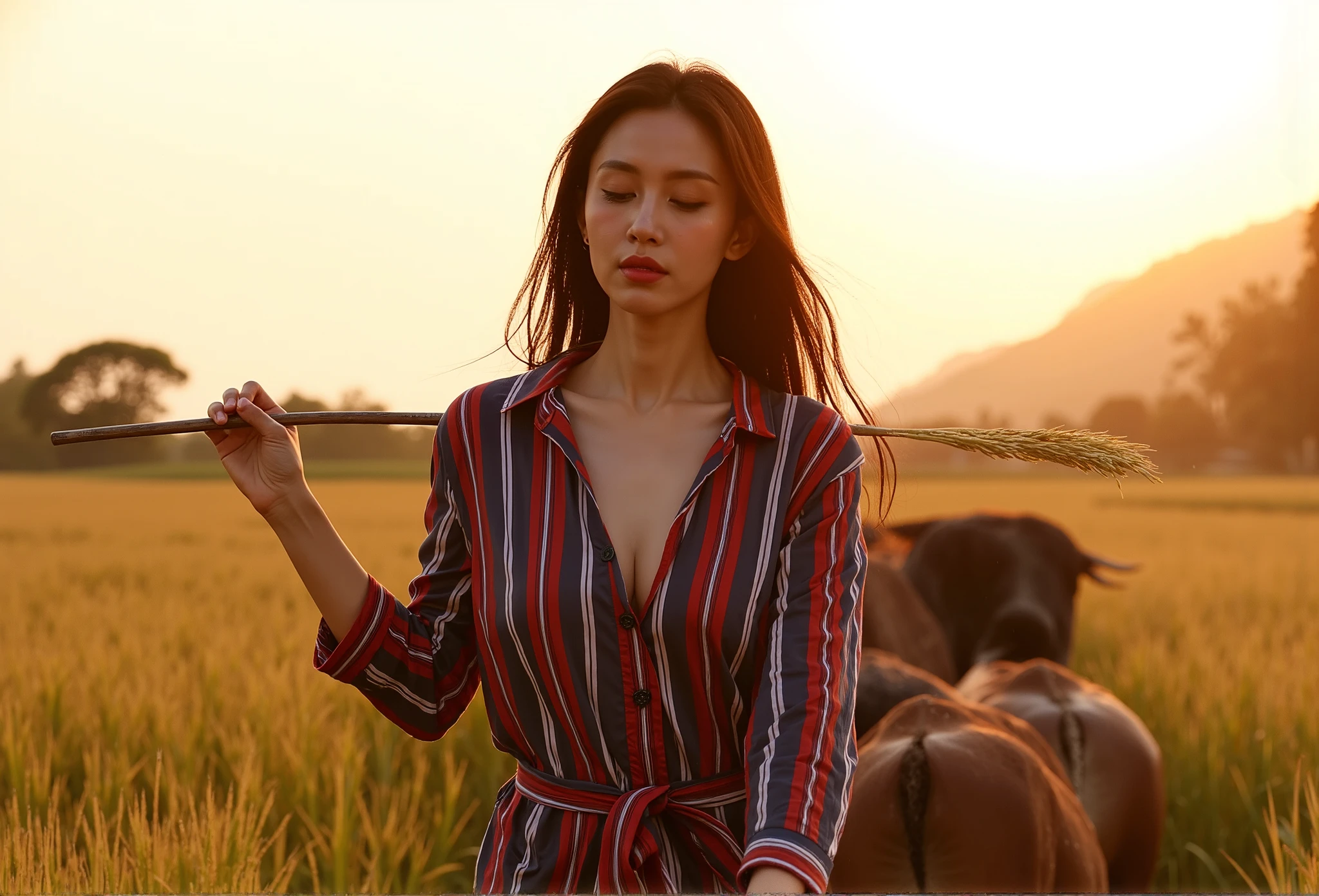 Low angle shot of beautiful so sexy Japanese woman walking pose, white skin, long spreading hair, very wet, body drenched, soaked, very sexy woman, small breasts, very loose, long-sleeved shirt, Red and blue alternating stripes, no buttons, Right hand holds a sickle His left hand lifted up a stalk of rice, and leading one buffalo, She bares skin, clearly revealing a beautiful, no underwear, bare shoulders, morning sunrise, rice field background, Gigapixel image, perfect medium breasts with a beautiful neck, the overall mood of the image is sensual and gorgeous. Busty, curvy, wet skin. Windy, intricate detail, 8k resolution, dramatic, romantic scene, the moon is shining, heavy shadow, highly detailed, intricate, innocent, illuminated, alive, sharp focus, bright, magnificent, fine detail, clear, aesthetic, stunning, presenting rice in a professional and elegant manner. natural makeup that enhances her features, with a focus on clear skin and a subtle glow.
