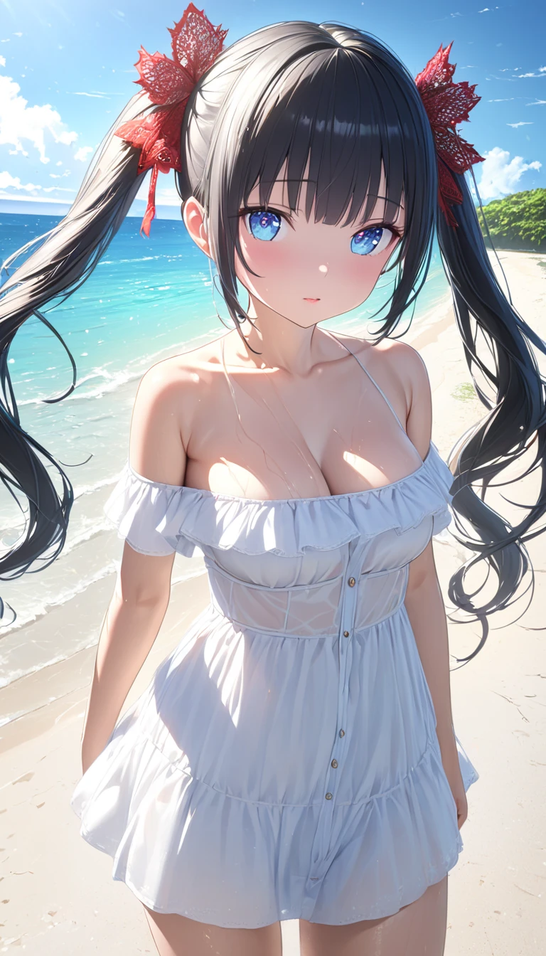 landscape, summer,  blue sky, Okinawa, private  beach , Cove, sea, unmanned,  beach ,  no one, Hot Weather, sun, HD Details,  ultra detail,  hyperrealism on par with people on the first visit, Soft light, Deep focus bokeh,  ray tracing ,、( slim、1 person,  cute young woman, , medium bust,  black hair、 twin tail hair 、Azure Eyes、 big red lace ribbon on hair ),delicate beautiful eyes , eyes are drawn in detail , high definition , masterpiece, pictures of girls , cute and beautiful face down to the last detail、Beautiful Bangs, Bangs between the eyes, ( eyeliner , lipstick:0.9),nsfw、naked:1.3