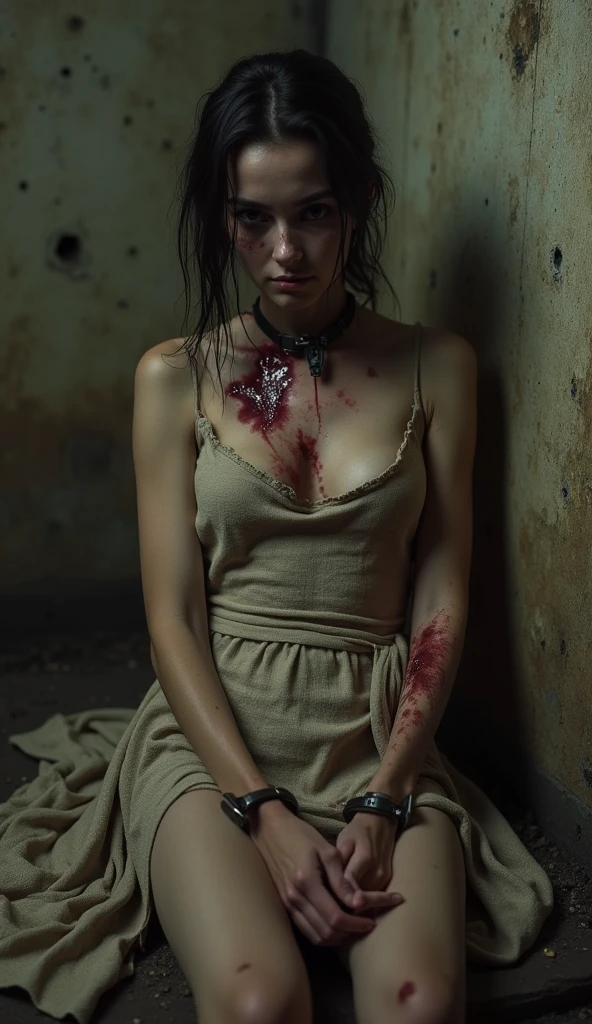 (RAW photo, best quality), (realistic, photo-realistic:1.3), extremely delicate and beautiful, Amazing, finely detail, masterpiece, ultra-detailed, highres,best illustration, best shadow,intricate,depth of field,horror,
terrifying ghost, (laugh wildly:1),(dirty),sweat,blood,(multiple scars),(rusty iron chain:1.4),((dimly light:1.4)), (naked body), (sexy face), (sad emotion)
sharp focus, volumetric fog, 8k UHD, DSLR, high quality,( film grain:1.4), Fujifilm XT3,