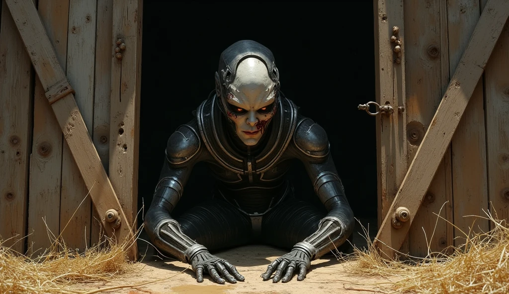 a close up of a person wearing a helmet, digital art, inspired by Giger, cgsociety contest winner, alien church, long cinematic shot, alien robot luffy, black glossy xenomorph, 2 0 2 0, dren from splice, wearing ornate helmet, arnold renderer, dark visor covering face, full body close-up shot, profile shot