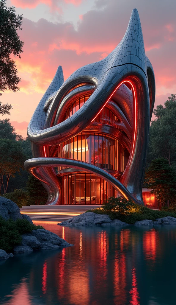 "A futuristic mansion with architecture inspired by an ornate Iron Man design, intricate metallic patterns resembling Iron Man's suit, glowing red lights illuminating the structure, surrounded by lush greenery and a reflective water body, sunset lighting creating a red glow, ultra-realistic textures, 8k resolution."