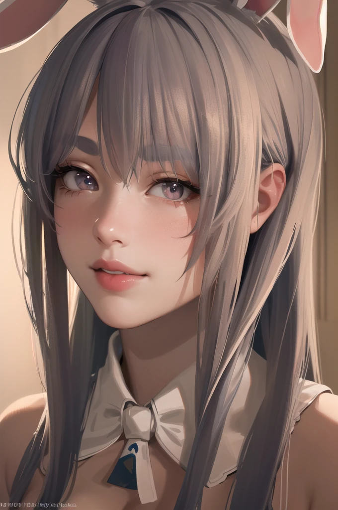 A smiling girl with bunny ears kneeling indoors, masterpiece, best quality, high resolution, photorealistic, realistic, (detailed face, detailed eyes, detailed lips:1.3), intricate details, soft lighting, warm color palette, cinematic composition, dramatic lighting, atmospheric, elegant, graceful pose, delicate facial features, serene expression, beautiful, captivating, stunning