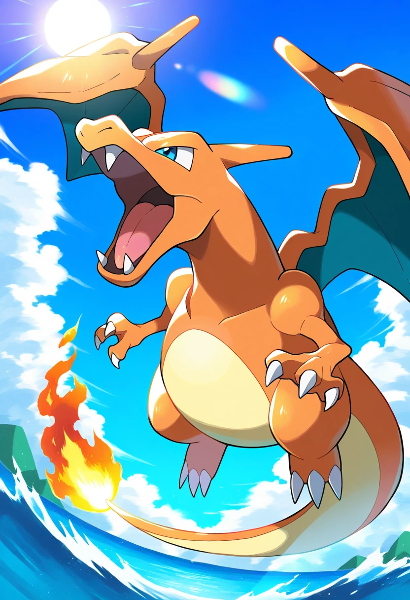 ((masterpiece,best quality)), absurdres, 
award winning photo, 
 Charizard_Pokemon, flame-tipped tail, wings,
3d, blue_sky, cloud, cloudy_sky, day, depth_of_field, explosion, jumping, motion_blur, no_humans, ocean, open_mouth, outdoors, pokemon_\(creature\),  sky, sun,  <lora:Charizard_Pokemon:0.8>