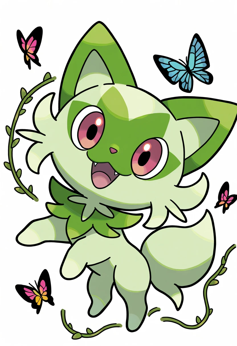 sprigatito (pokemon), no humans, open mouth, pink eyes, :3, :d, red eyes, looking at viewer, vines, plant, bug, butterfly, cat, solo, white background, animal focus, full body, simple background, pokemon (creature), fangs, smile