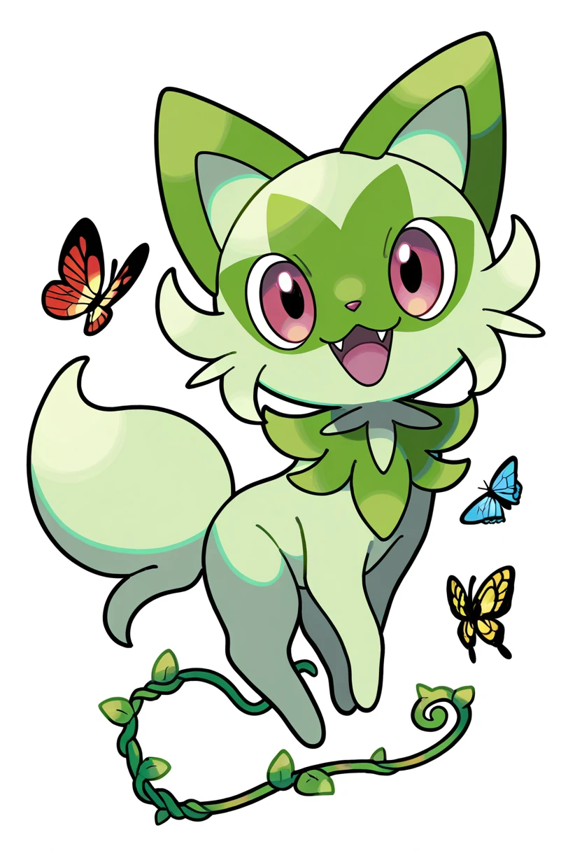 sprigatito (pokemon), no humans, open mouth, pink eyes, :3, :d, red eyes, looking at viewer, vines, plant, bug, butterfly, cat, solo, white background, animal focus, full body, simple background, pokemon (creature), fangs, smile