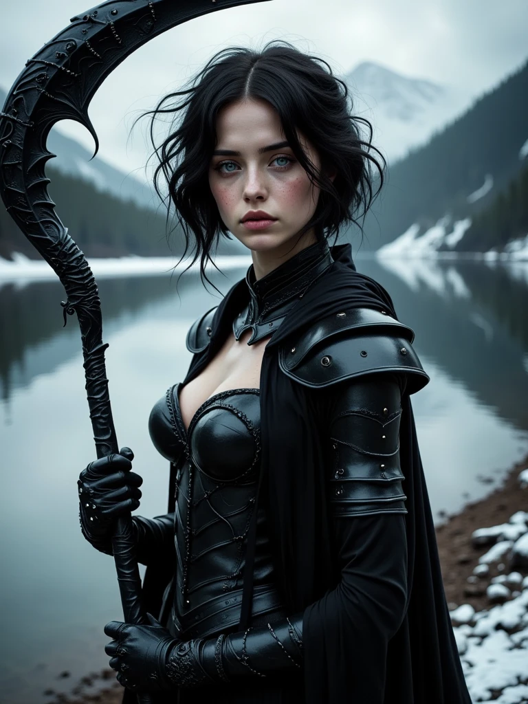 A pale beautiful young woman in her late 20s large breast, slender and stunning body, raven hair, messy hair, Deep blue eyes, Clad in full plated black armour, holding a black scythe, near a serene lake on a snowy mountain Masterpiece, Anatomically Correct, Best Quality, Accurate, High Resolution, High Details, UHD, Large breasts, Bangs, Short Hair, Black Hair, Hair Between Eyes, Shiny Hair, Wavy Hair, stunningly beautiful like a goddess and pale ghostly white, Short hair
