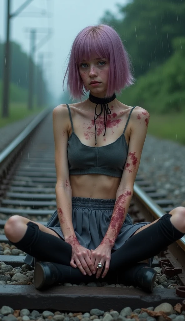 Girl with pink hair holding on to her stomach, Looking at the camera in surprise, Blood oozes from under his hands, Kneeling, blood comes from the mouth, Surprise and pain, is looking at the camera, latex tank top and shorts, bullet wound to the abdomen, Blood gushes from his mouth and wounds on his stomach, Young girl killer dies on her knees, gloomy atmosphere, Cruelty, 血, Snuff Video, blood splatters from the mouth, surprise and pain on the face