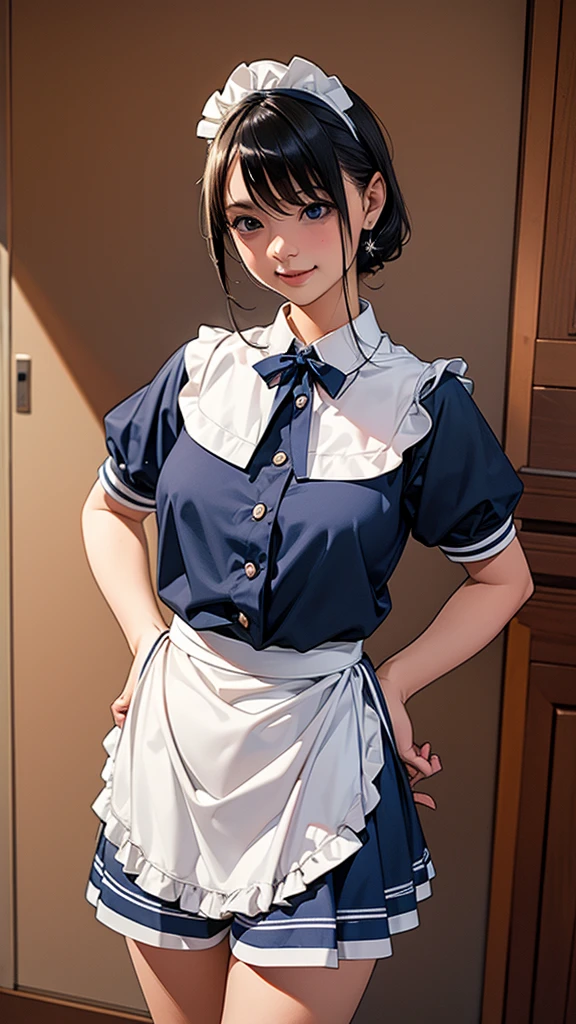 an adult woman, (northeast Asian market, narrow street, at night), customers, round face, (wearing only various patterned apron), (cute stall staff girl crouching slightly and spread legs, showing off pubic hair), braid, glasses,