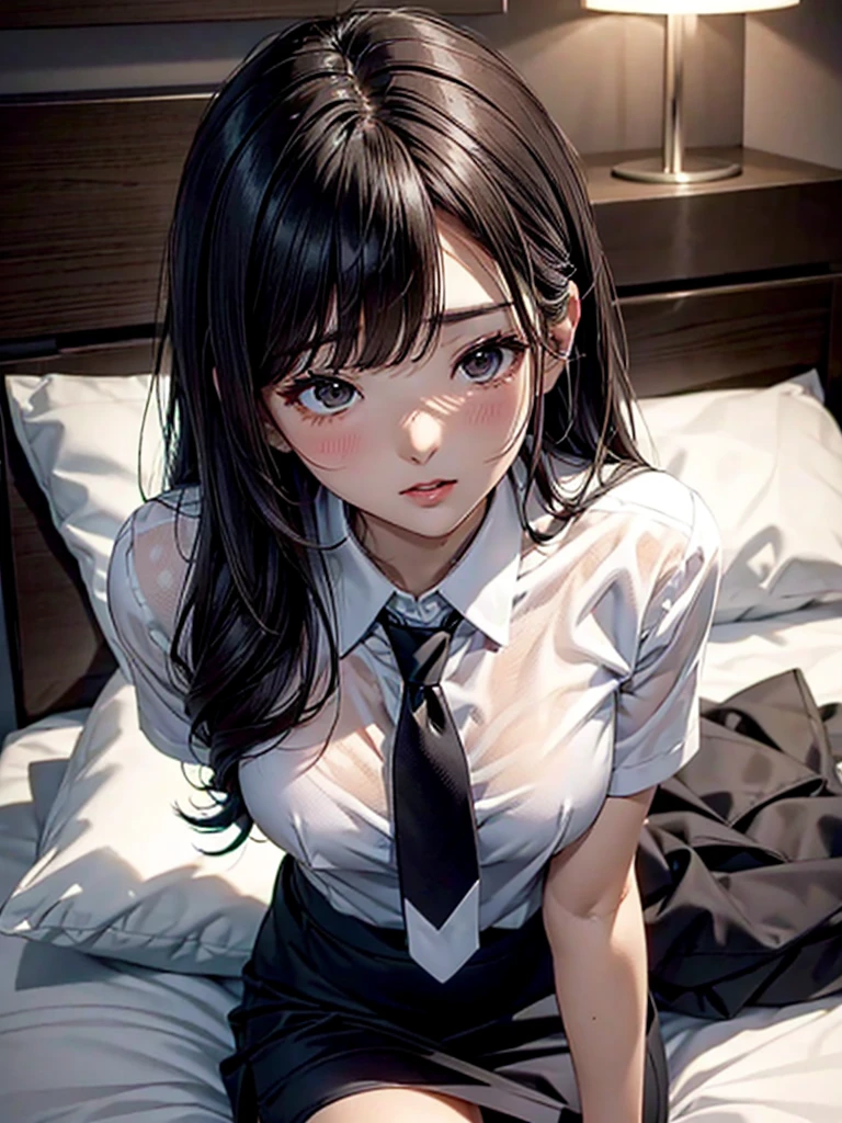 (Tabletop: 1.3), (Maximum resolution: 1.2),(Realistic:1.5), Cinematic light, 8K resolution, Fine grain and skin, Detailed facial features, , (Sharp focus: 1.2), (Focus on the face:1.2),Perfect Style, Beautiful Face, Acura, Anatomically correct, ノ Highly detailed face and skin texture, Fine grain, double eyelid, Thin eyebrows, Glitter Eyeliner: 1 Natural Cheeks, Shiny skin, Fair skin: 1.2, (Glossy Lips: 1.4),、 (Embarrassed look: 1.2),Highly detailed face and skin texture, Fine grain, double eyelid, Natural Cheeks, , Glossy Lips: 1.4,Exposed cleavage、 blush、sexual excitement、Taunt、Embarrassing、Open your knees、Spread your legs、 White underwear、White bra、Disheveled clothes、dressing、Exposed panties、Sweat、Soaking wet、See-through underwear、stockings、 14th instar larva, A neat and clean woman,1 person、 Upturned chest, Bedroom、Sitting on the bed、Late at night、Sexy pose、Black-haired、Blue-gray eyes、Green-gray eyes,(Girls' High School Uniform:1.3)、Glaring expression、Sweaty、