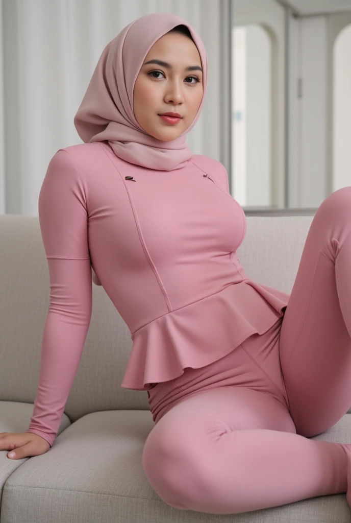 masterpiece, best quality:1.2), pretty indonesian girl wearing full pink hijab,white skin berjilbab, 18 years old, large breast, hour glass body, tight long sleeves peplum dress, tight trousers , thigh high, seductive sitting pose on couch, office room, 