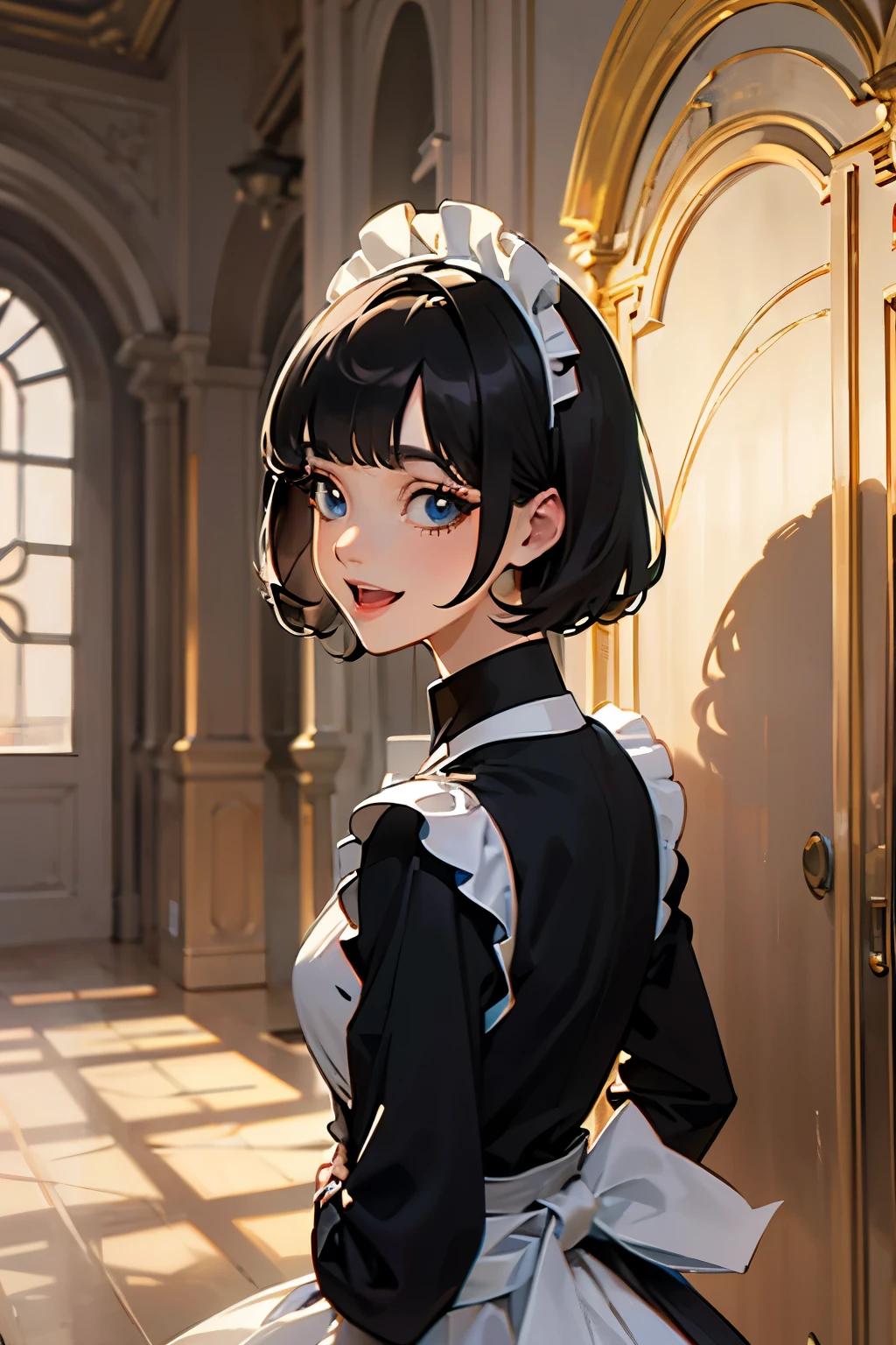 (best quality,4k,high resolution,masterpiece:1.2) There is a big closed door in a large hall. 1 maid with short black hair is standing near the door. The big door is closed and creepy expression. The maid has detailed eyes,beautiful detailed lips,extremely detailed large eyes and face,long eyelashes, perfect anatomy, Europian noble face, tightly fitted outfit,black long-sleeved maid costume,wearing long skirt, wearing white tights, upper body portrait above the knee,beautiful face with smile, open mouth to laugh, large cool eyes, open mouth with joyful feels, feels a confidence expression.