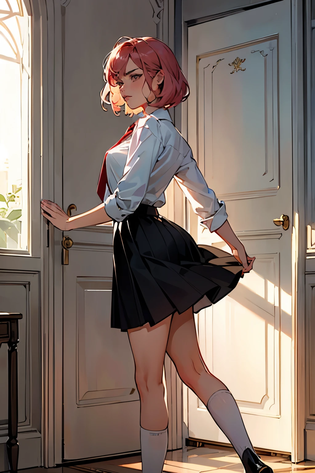 (highest quality:1.2), A girl  is opening a big door in a living room. from side view, stern expression, face with tense, a photorealistic cute girl, beautiful face, strict face, European face, noble face, large eyes, beautiful lip,closed mouth with anger and fearness, Short-cut pink hair, wearing white shirt, wearing red tie, wearing black skirt.