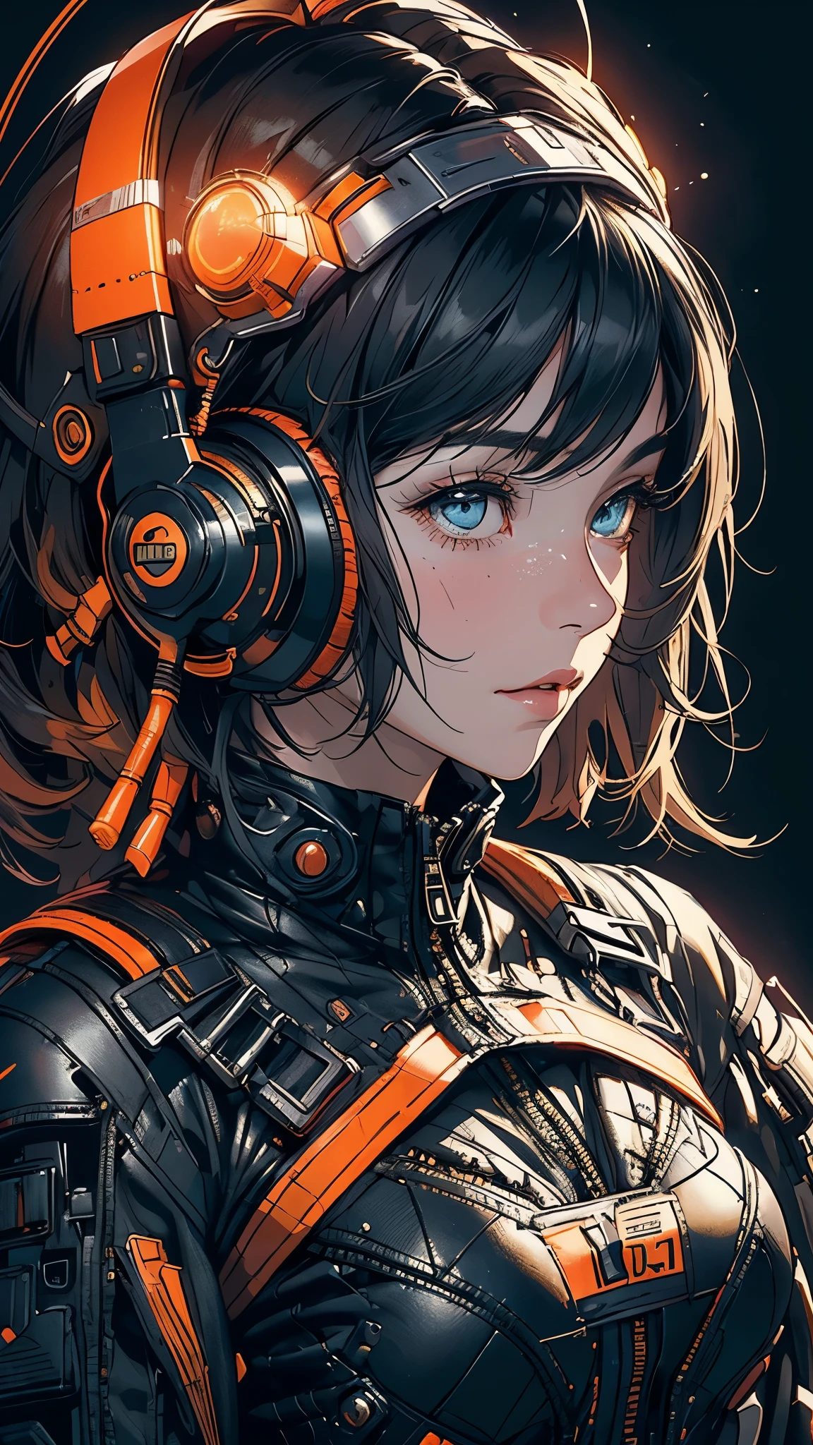 Solitary, Solitary focus, A masterpiece，A close-up portrait of a woman in tactical gear against a building on Tatooine, light, Caustic lines, Mechanical Parts, wiring, Droid, metal chin