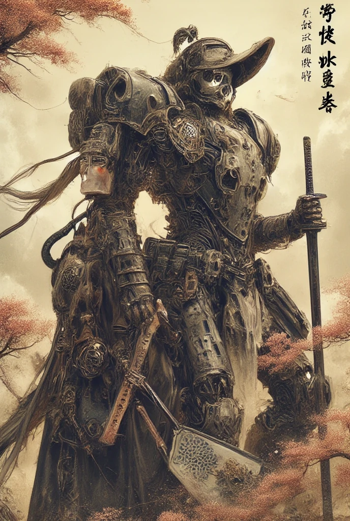 
Painting style rendering, realistic and full body couple. bottom view , Art by ZHao Wao-Ki. portrait of a arrogance beautiful humanoid female robot warrior with her smiling hansome man, modeling hair style, wearing punisher mecha armor and a katana sword carried on her back white holding a glowing fan, a dynamic look. kanji text detail and bonsai ukiyo-e aesthetic trees background