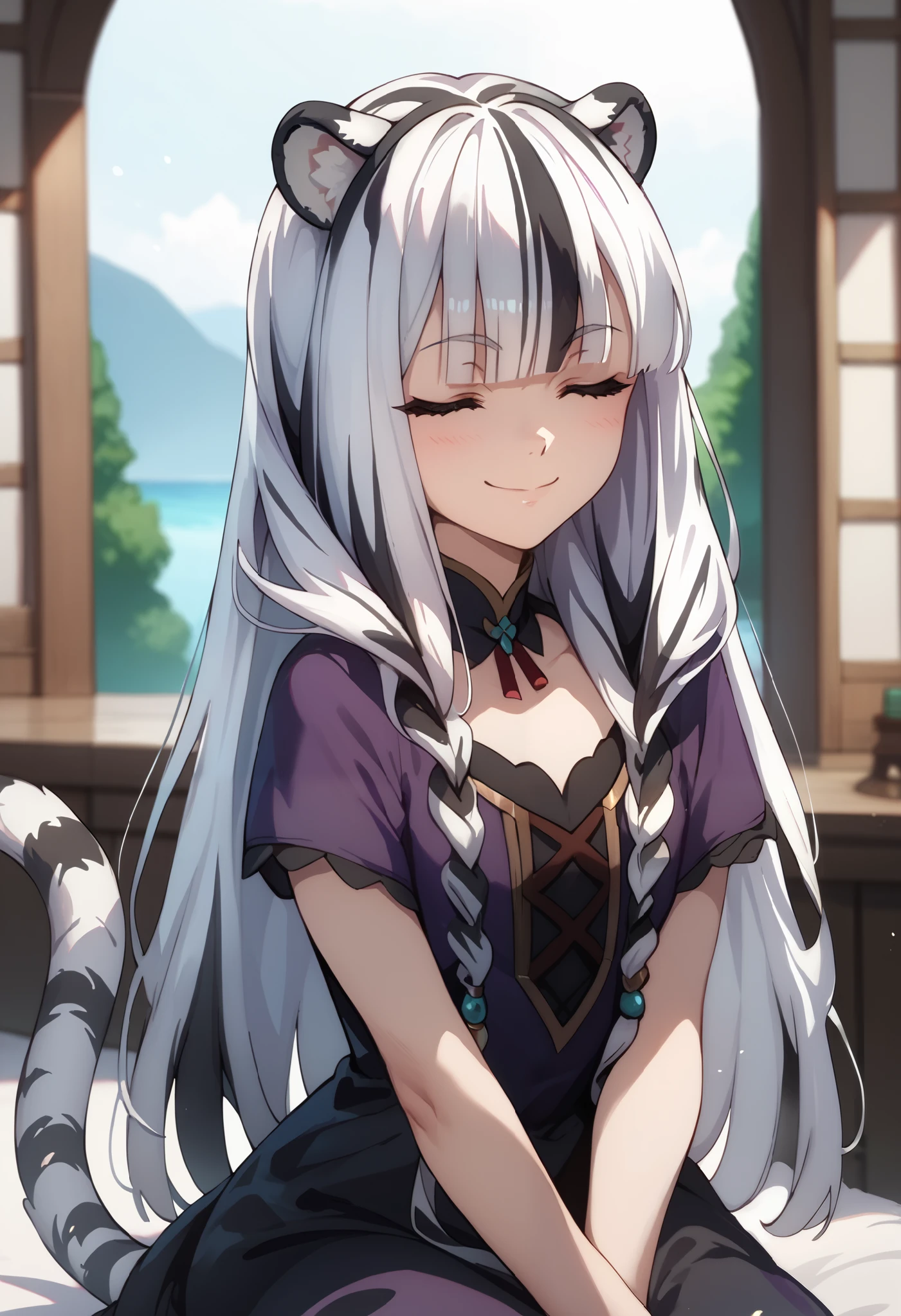 Anime girl with long white hair sitting on a bed - SeaArt AI