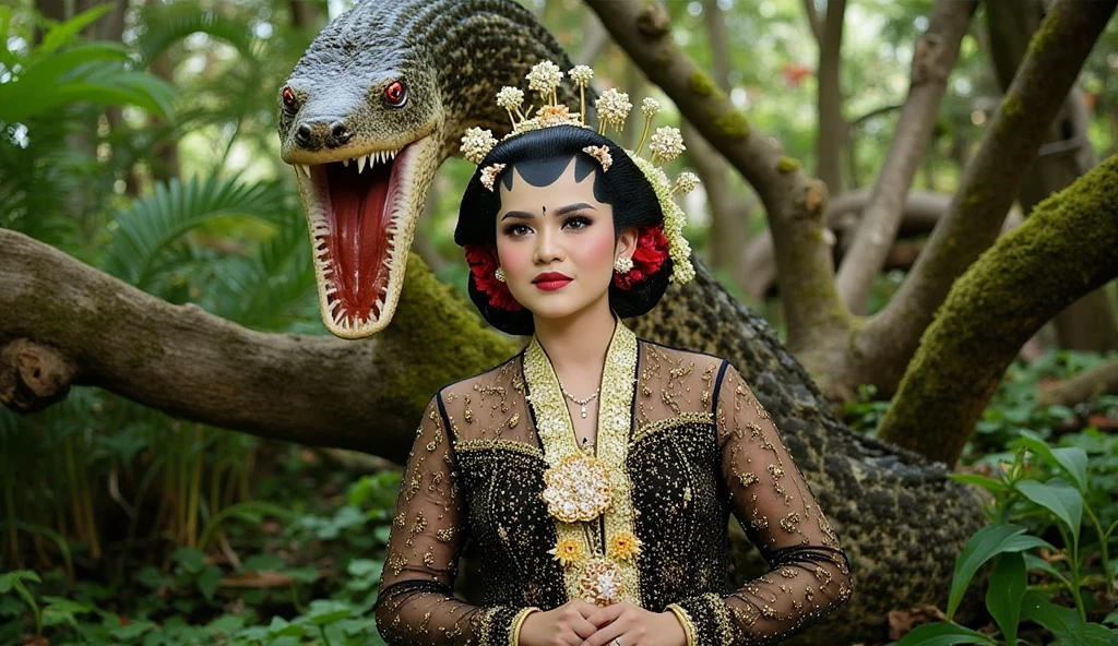 ((ultra-realistic photo)) [An 18-year-old beautiful woman with a fair and flawless complexion, her smooth skin glowing softly under the light. She is wearing an intricate traditional East Javanese wedding dress, adorned with delicate golden ornaments and a refined batik sarong. She sits crouched with a sorrowful and gloomy expression, tears streaming down her face. Surrounding her is a massive, coiled anaconda, its enormous body glistening with scaly patterns. The snake opens its wide mouth, displaying sharp teeth and glowing red eyes, emanating an air of menace. The scene is set in a dense jungle during the day, with vibrant green foliage, moss-covered trees, and soft sunlight filtering through the canopy, creating a dramatic and emotional atmosphere.] Soft natural lighting, vibrant colors enhancing the intricate details of the woman’s attire and the snake’s scales. Shot from a medium telephoto angle at eye level to capture emotional depth and tension. (((8K UHD))), highly detailed, sharp focus, HDR, professional composition, realistic textures for the woman’s attire, the snake’s scales, and the jungle environment.