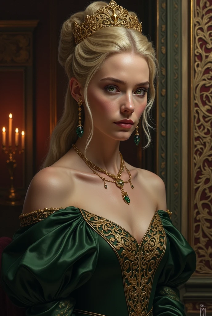 a beautiful empress portrait, Blonde hair, Perfect blue eyes, with a brilliant, impossible striking big Christmas headpiece, clothes Santa robes, everything Christmas, Snow, Symmetrical, dramatic studio lighting, Rococo, baroque, green color, Asian, hyper photorealism, closeup cleavage, D&D, fantasy, Intricate, elegant, Highly detailed, Digital painting, art  stations, rendering by octane, 8K, concept-art, Mattire, Sharp focus