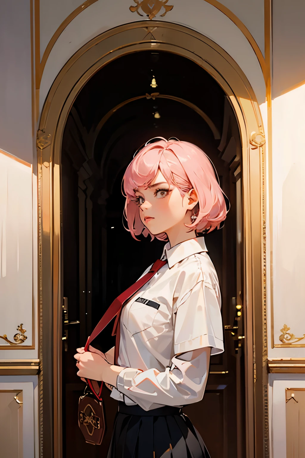 (highest quality:1.2), A girl  is opening a big door in a living room. from side view, stern expression, face with tense, a photorealistic cute girl, beautiful face, strict face, European face, noble face, large eyes, beautiful lip,closed mouth with anger and fearness, Short-cut pink hair, wearing white shirt, wearing red tie, wearing black skirt.